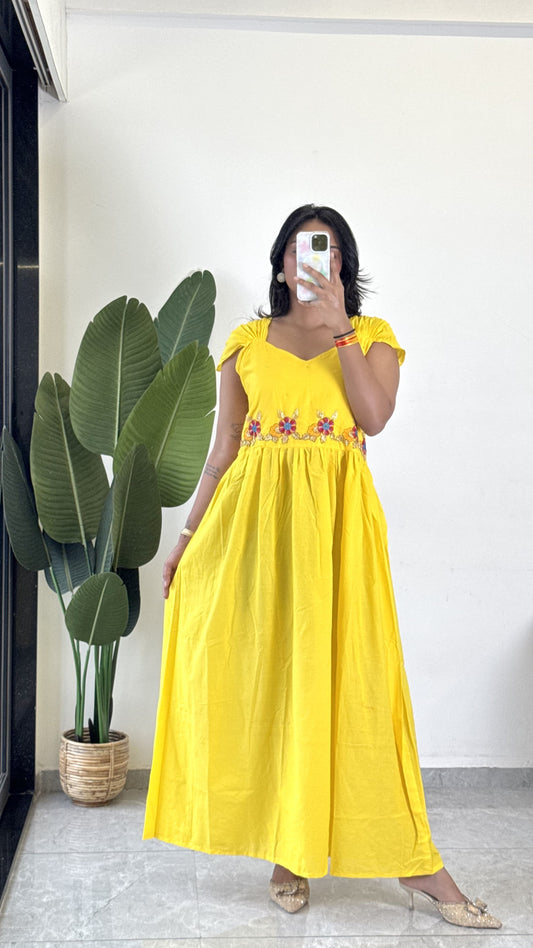 Yellow Color Beauitful Gown in mul cotton fabric