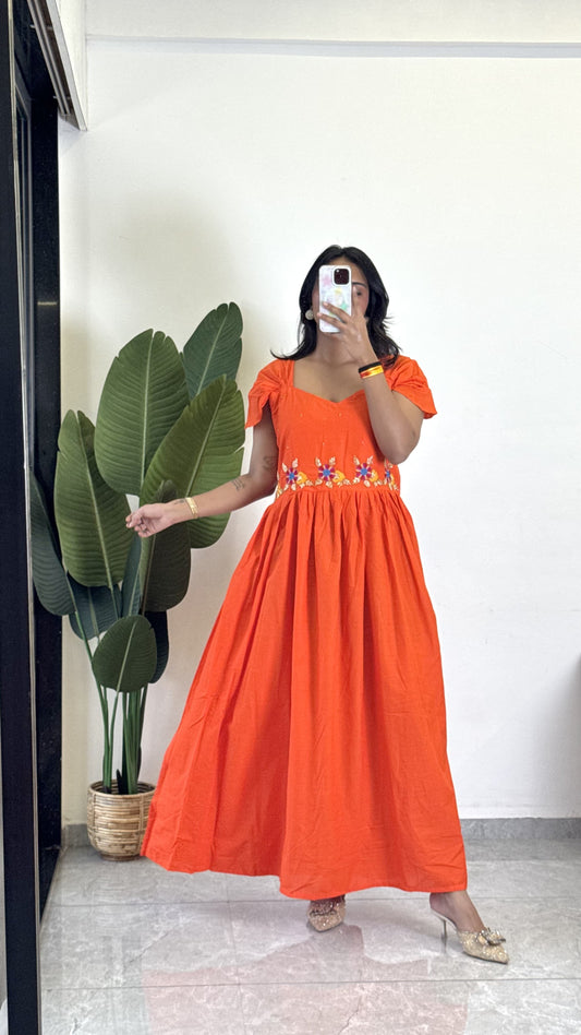 Orange Color Beauitful Gown in mul cotton fabric