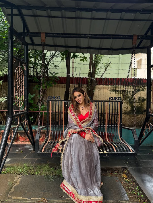 Grey Color Beautiful Partywear Saree