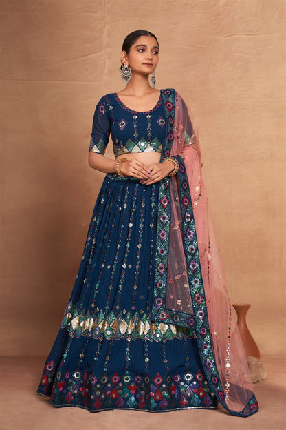 Designer Wedding Partywear Lehenga Choli in Georgette Fabric in blue color