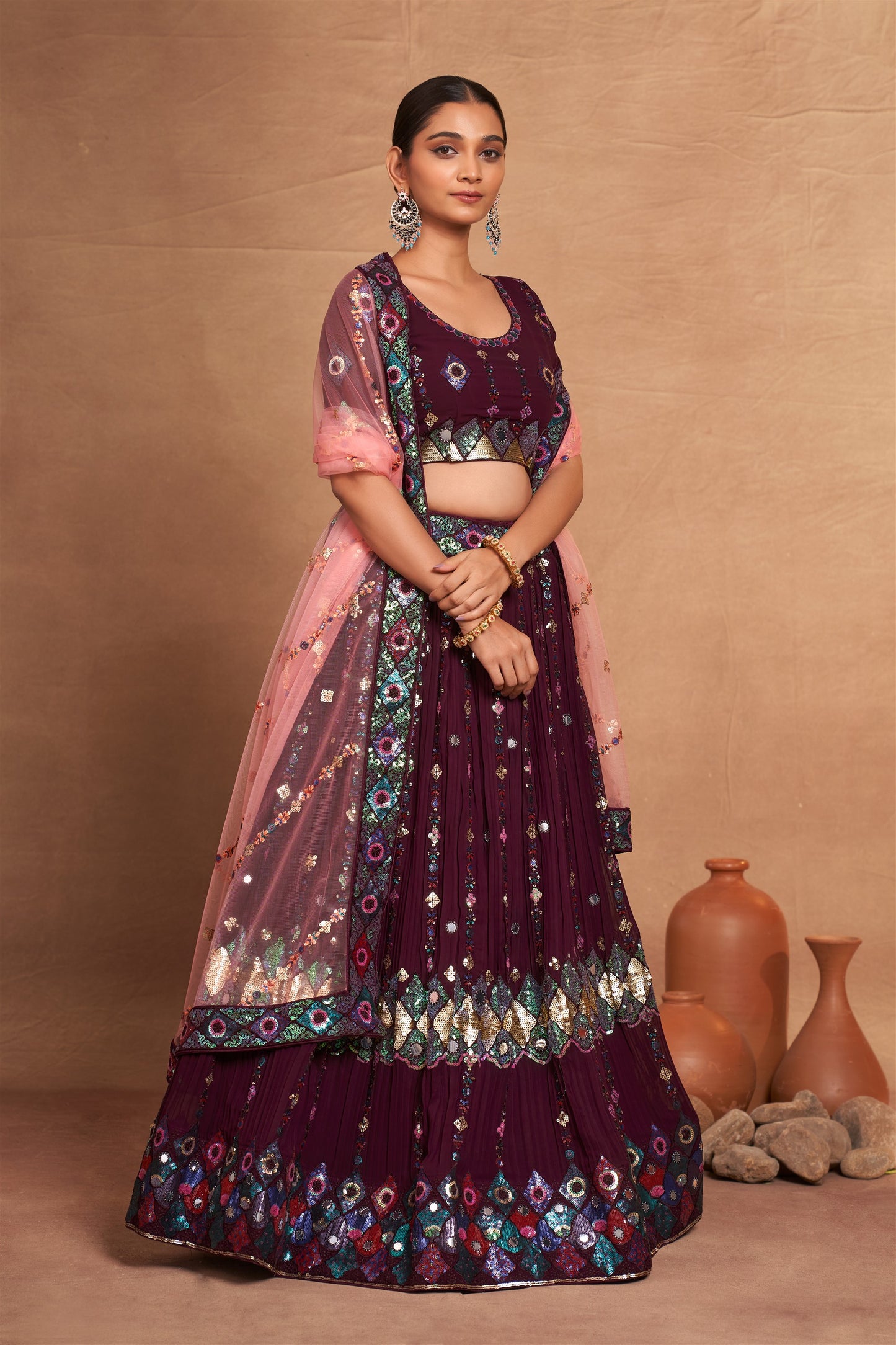 Designer Wedding Partywear Lehenga Choli in Georgette Fabric in maroon color