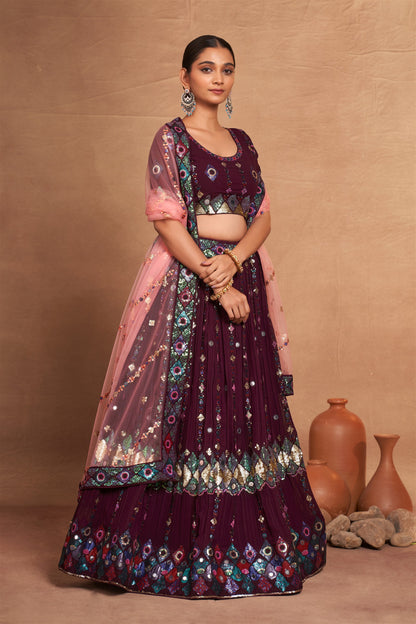 Designer Wedding Partywear Lehenga Choli in Georgette Fabric in maroon color