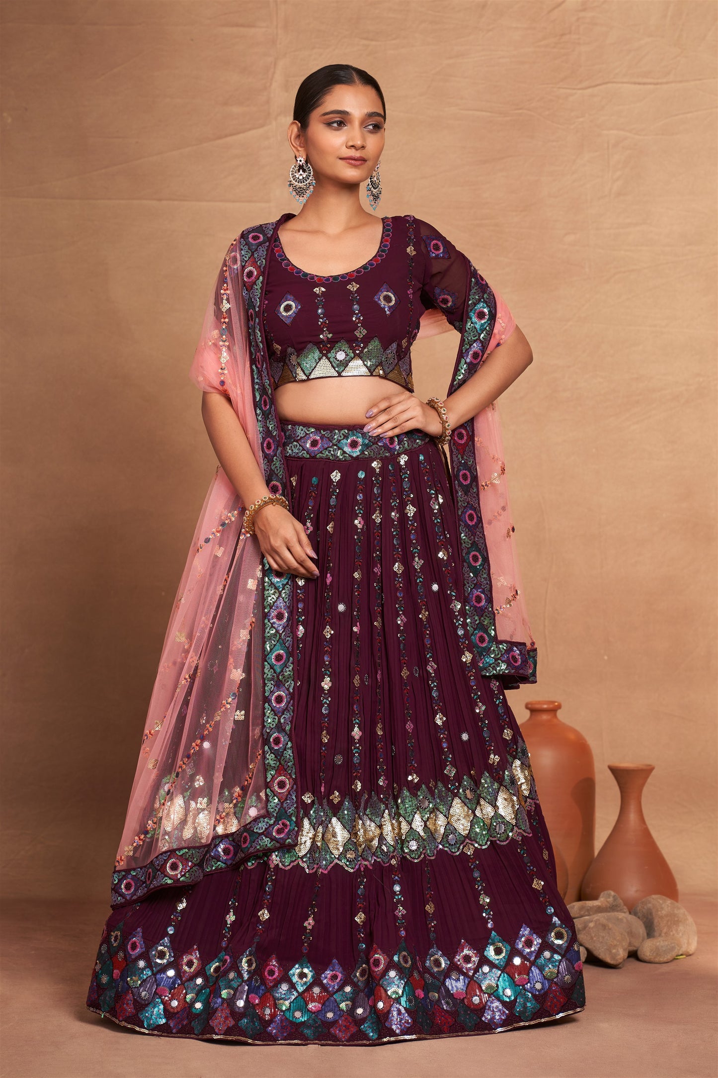 Designer Wedding Partywear Lehenga Choli in Georgette Fabric in maroon color