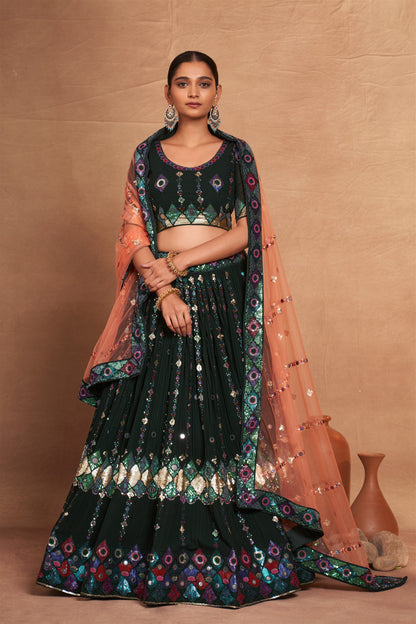 Designer Wedding Partywear Lehenga Choli in Georgette Fabric in Green color