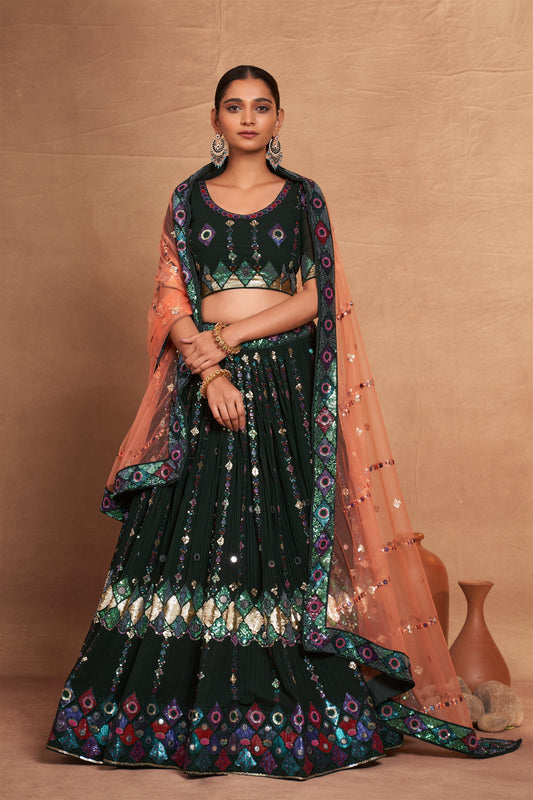 Designer Wedding Partywear Lehenga Choli in Georgette Fabric in Green color