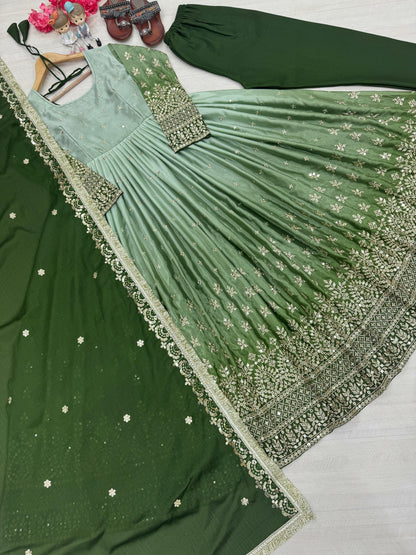 Beautiful Designer Green Color Partywear Dress in Chinon Fabric