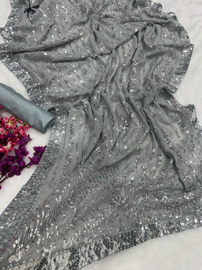 Grey Color Beautiful Partywear Georgette Saree