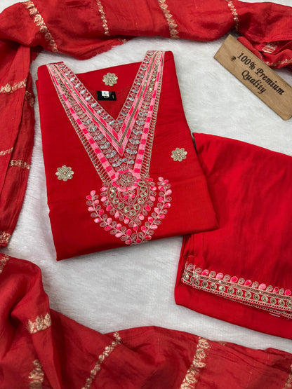 Daily Wear Dress in Roman Silk Fabric in red color