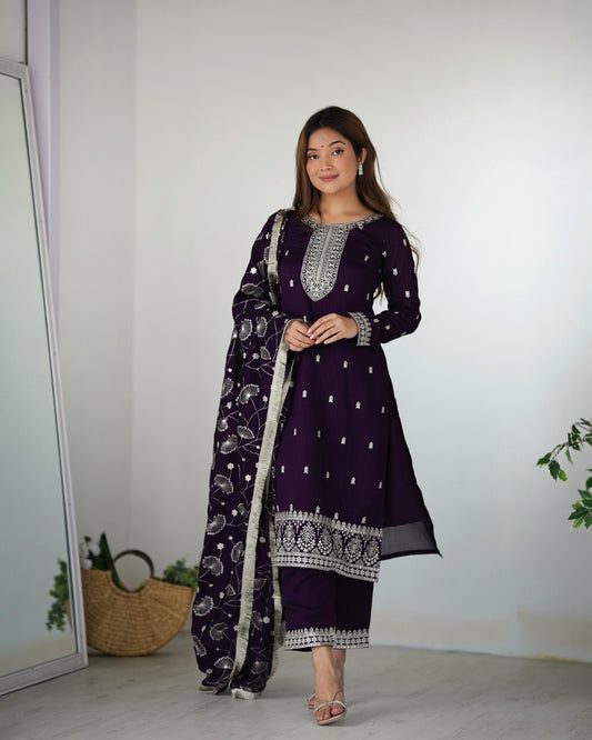 Purple Color Beautiful Partywear Dress in Silk Fabric