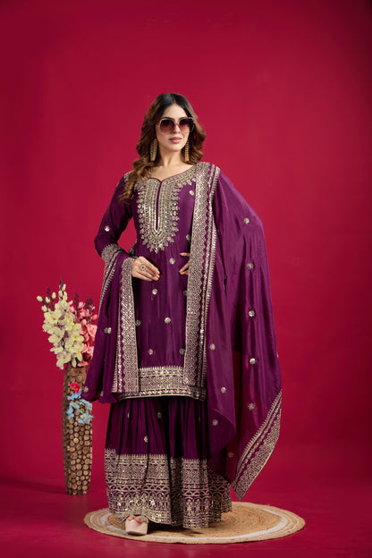 Purple Color Chinon Silk Fabric Suit