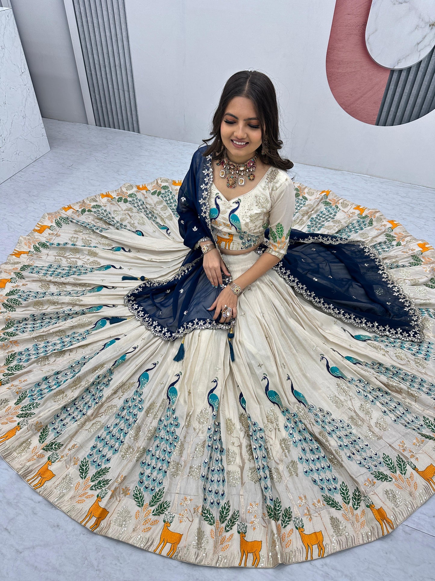 Wedding Wear Lehenga Choli With Cancan In White Cream Color with blue dupatta