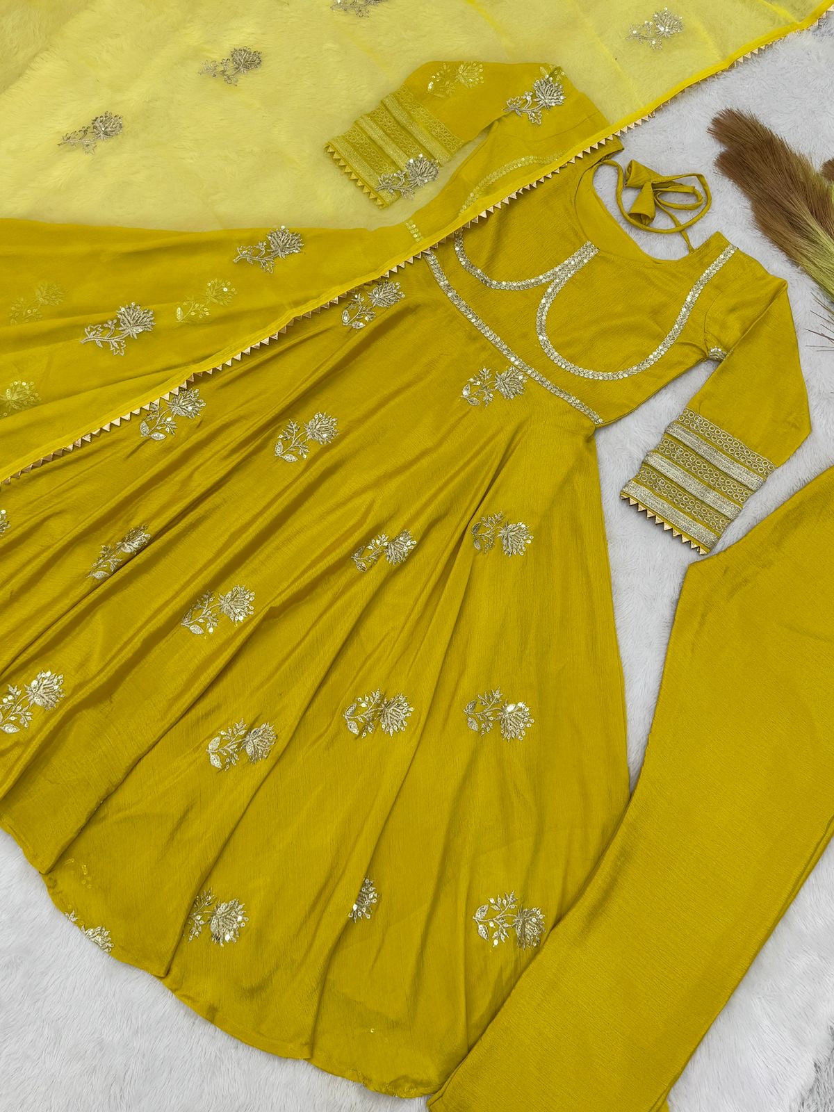 Beautiful Yellow Color Anarakli Gown Chinon Fabric