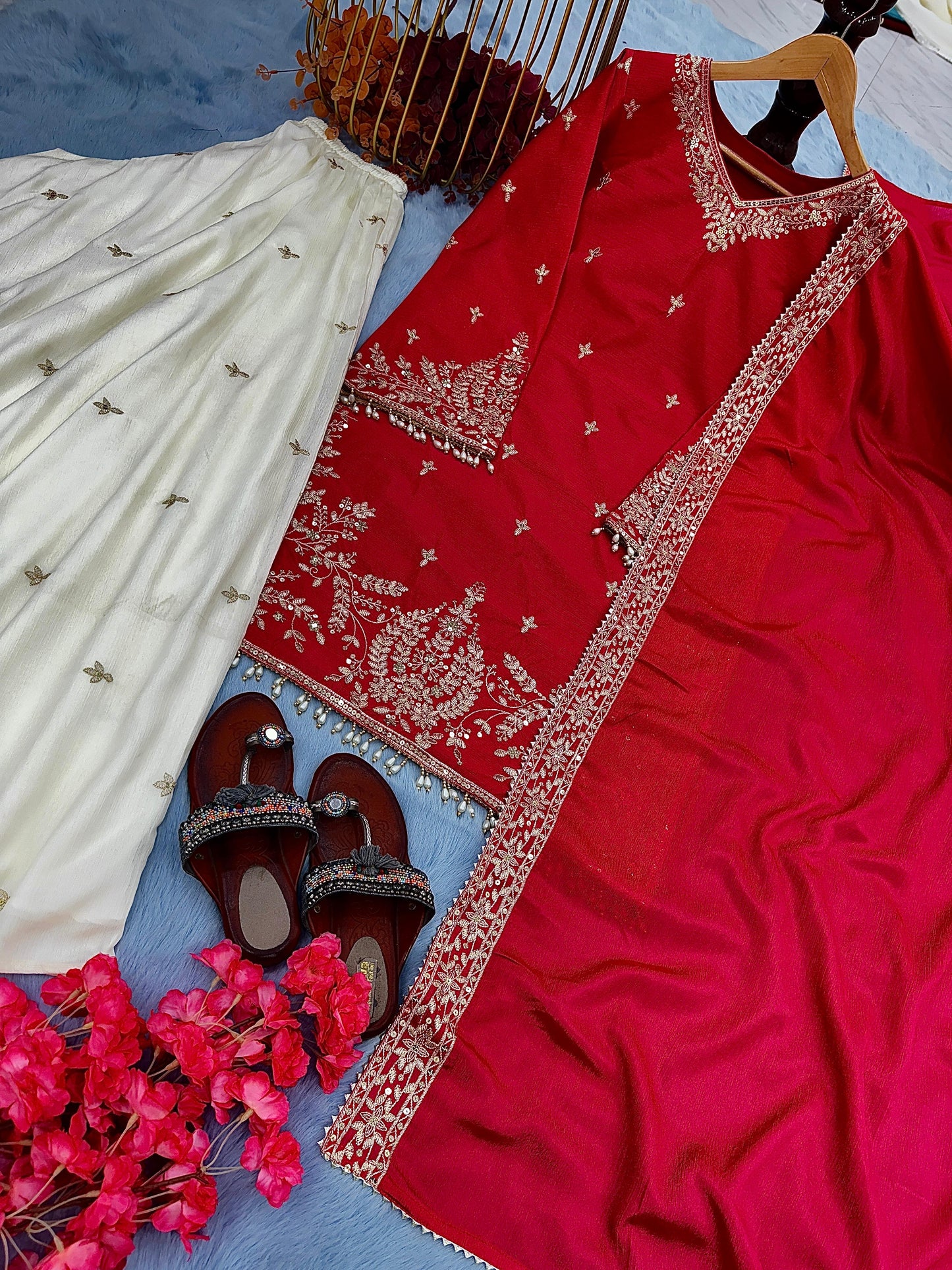 Red Color Beautiful Chinon Fabric Plazo Suit