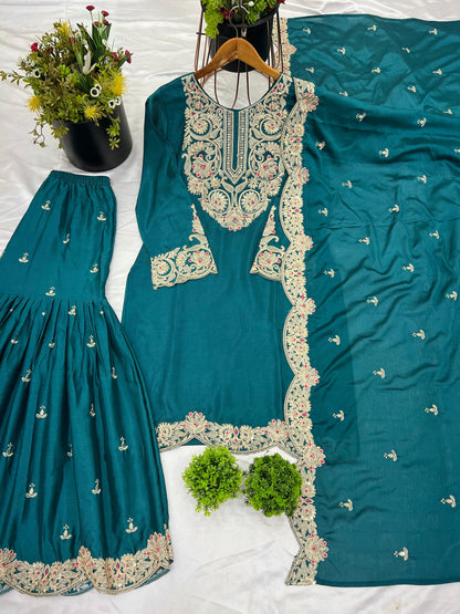 Rama Blue Color Beautiful Suit For Party In Chinon Fabric