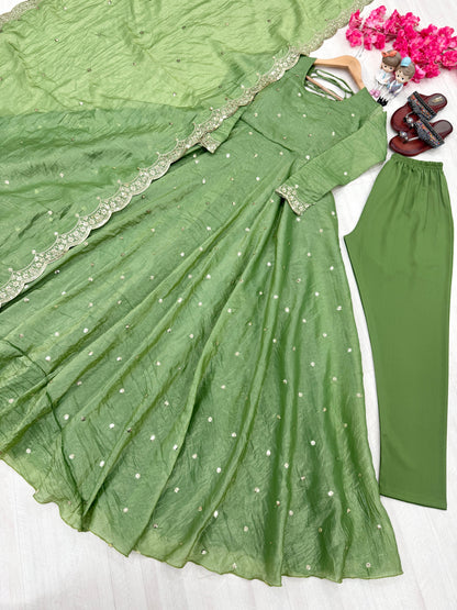 Green Color Beautiful Crush Silk Gown