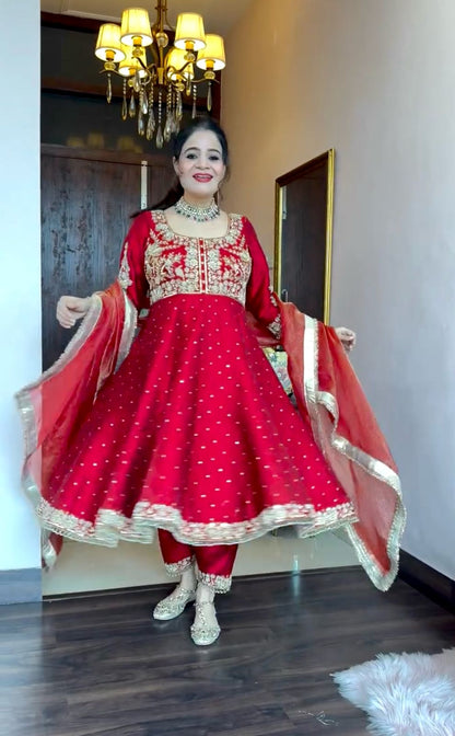 Anarkali Gown in red color in chinon fabric