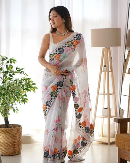 Beautiful Flowers Digital Print With Multy Dori Work Saree in white