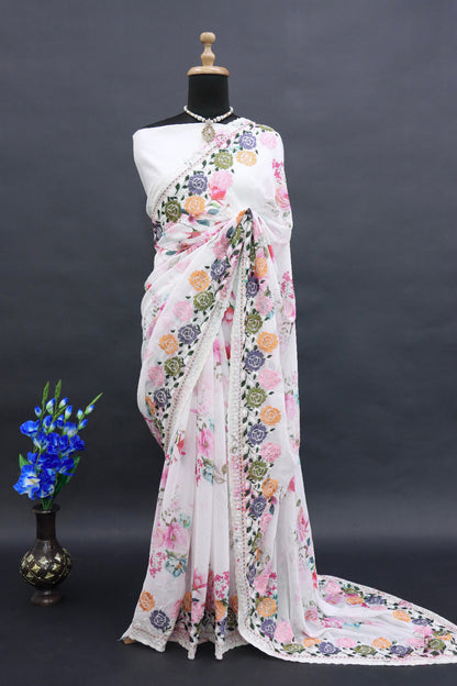 Beautiful Flowers Digital Print With Multy Dori Work Saree in white