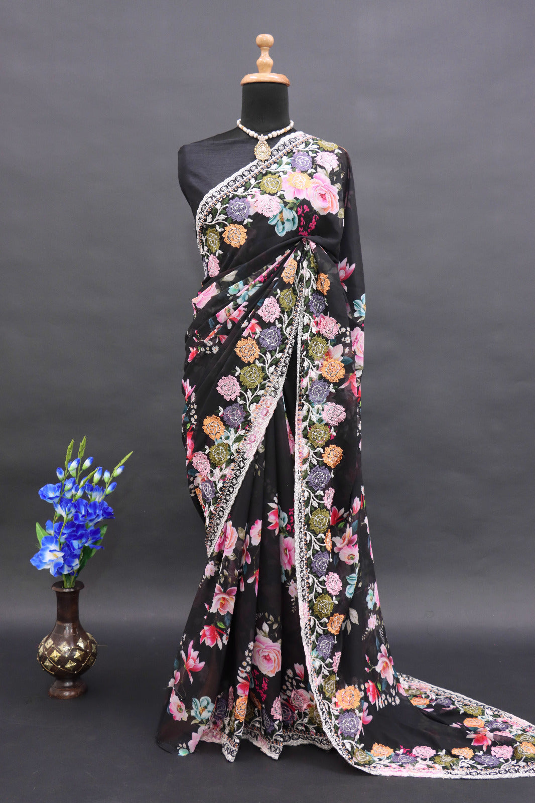 Beautiful Flowers Digital Print With Multi Dori Work Saree in Black