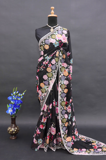 Beautiful Flowers Digital Print With Multi Dori Work Saree in Black