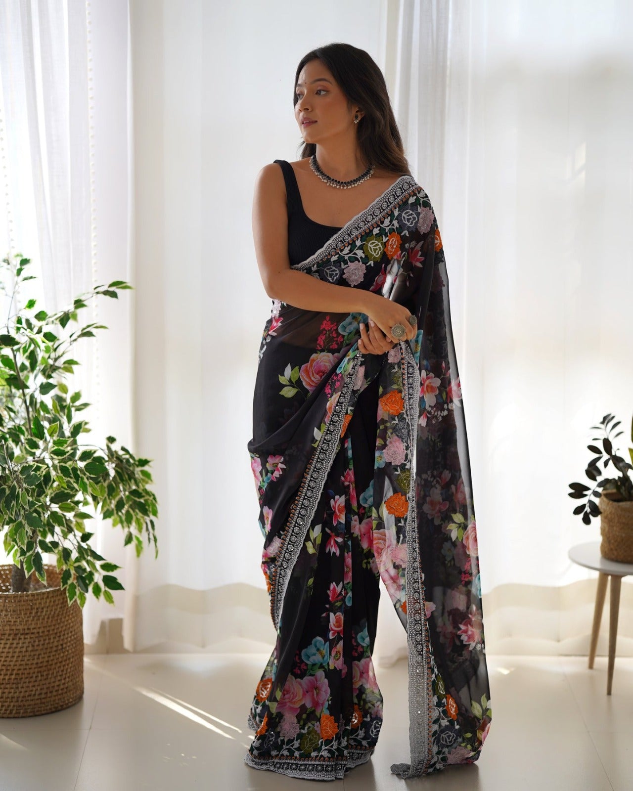 Beautiful Flowers Digital Print With Multi Dori Work Saree in Black