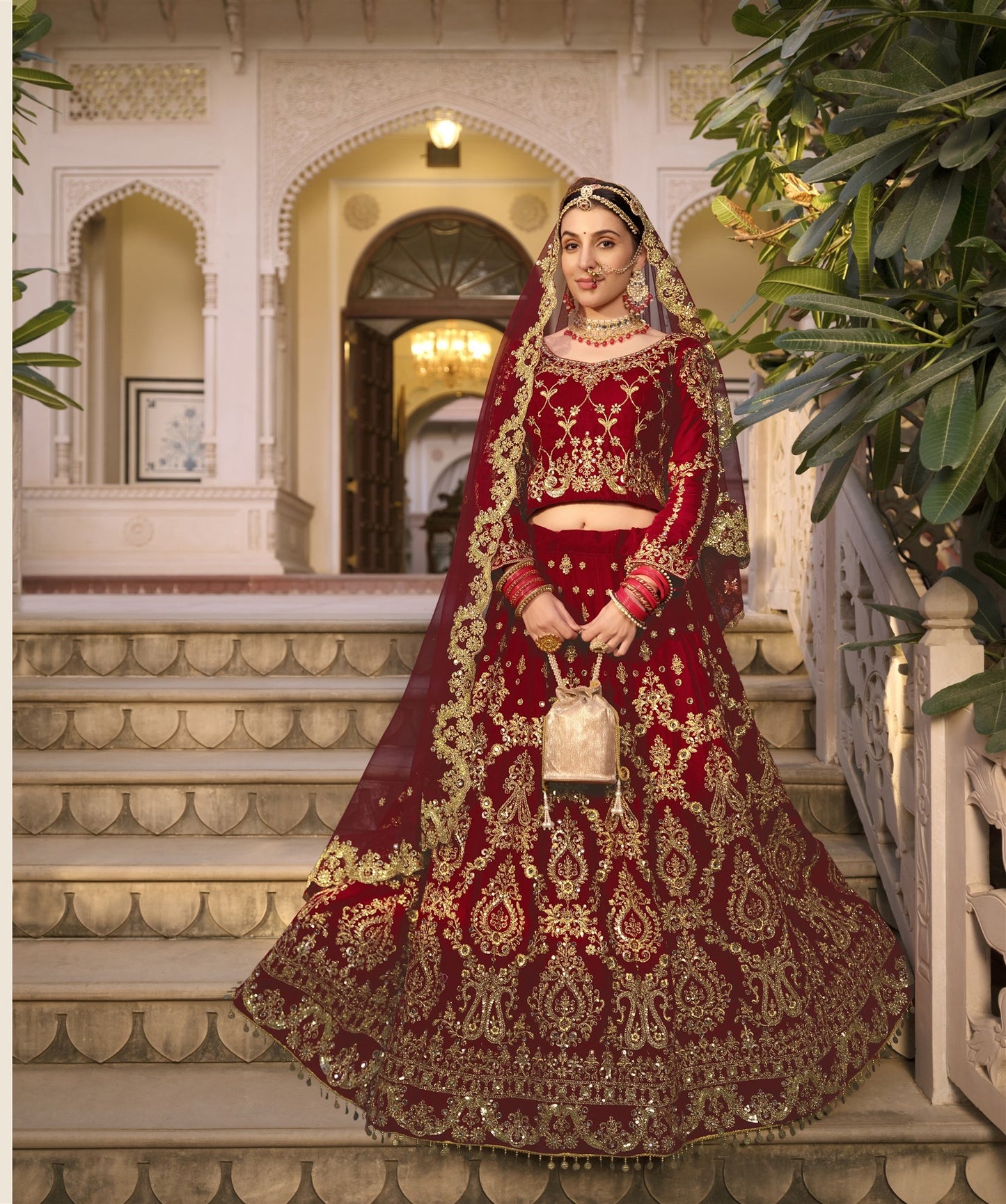 Wedding Culture Lehenga in Velvet Fabric In Red Color