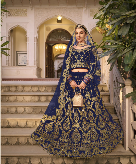 Wedding Culture Lehenga in Velvet Fabric In blue Color