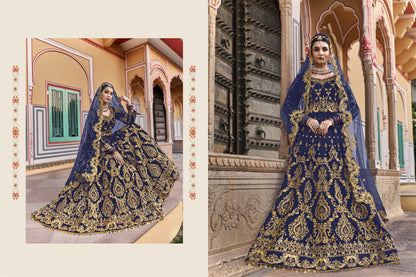 Wedding Culture Lehenga in Velvet Fabric In blue Color