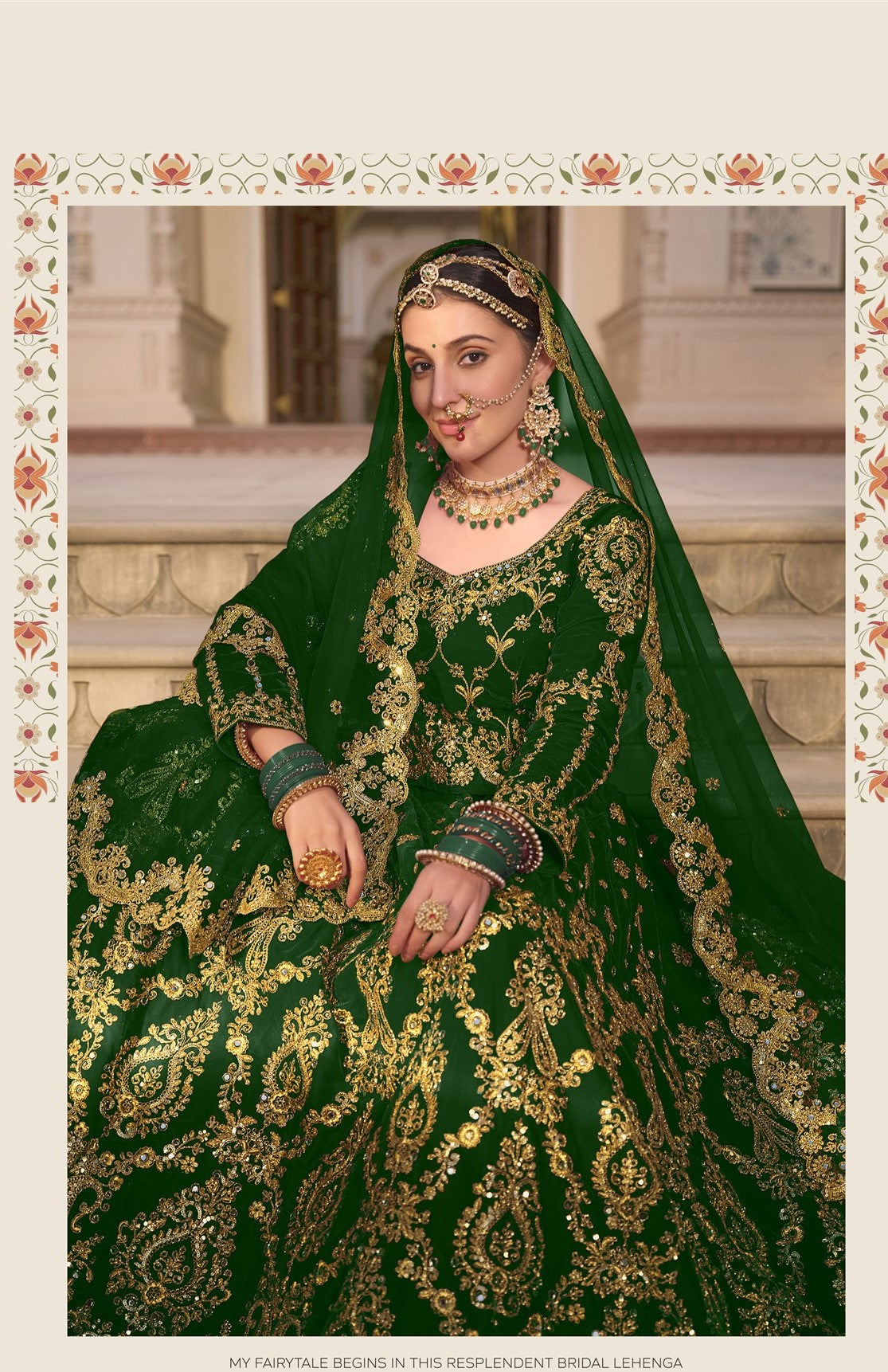 Wedding Culture Lehenga in Velvet Fabric In Green Color