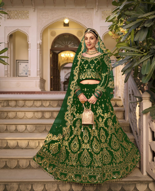 Wedding Culture Lehenga in Velvet Fabric In Green Color