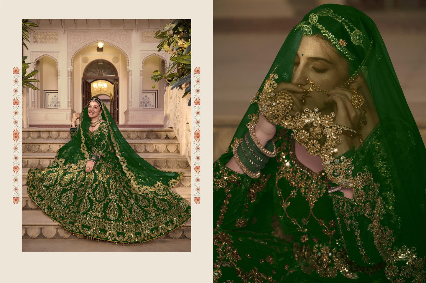 Wedding Culture Lehenga in Velvet Fabric In Green Color