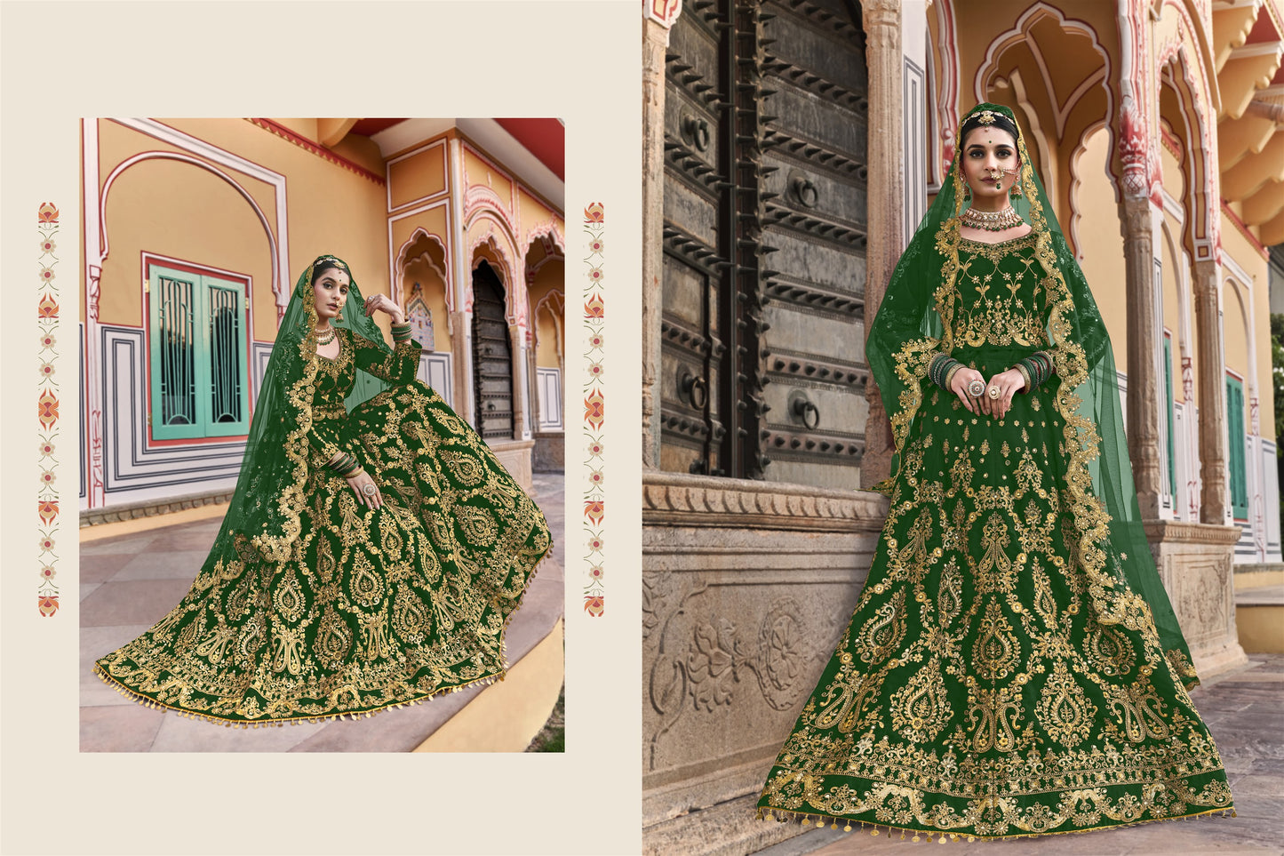 Wedding Culture Lehenga in Velvet Fabric In Green Color