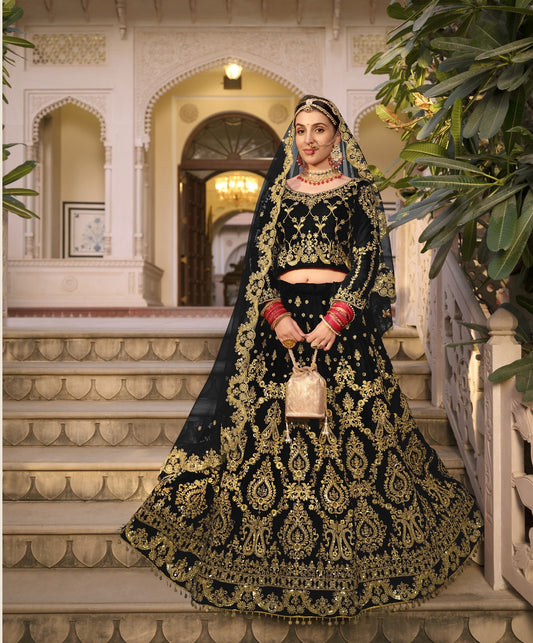 Wedding Culture Lehenga in Velvet Fabric In black Color