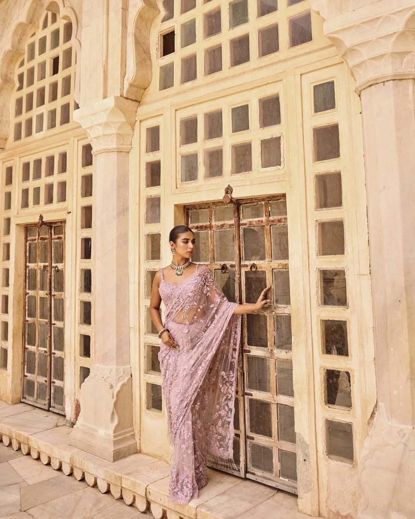 Beautiful Peach Pink Color Net Saree For Wedding Function