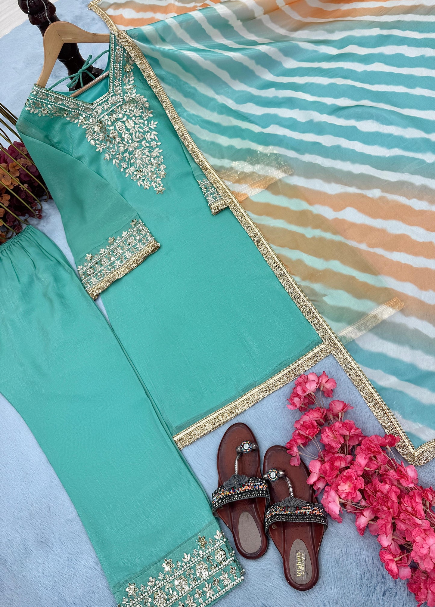 Designer Partywear Heavy Pakistani Suit in sky blue color