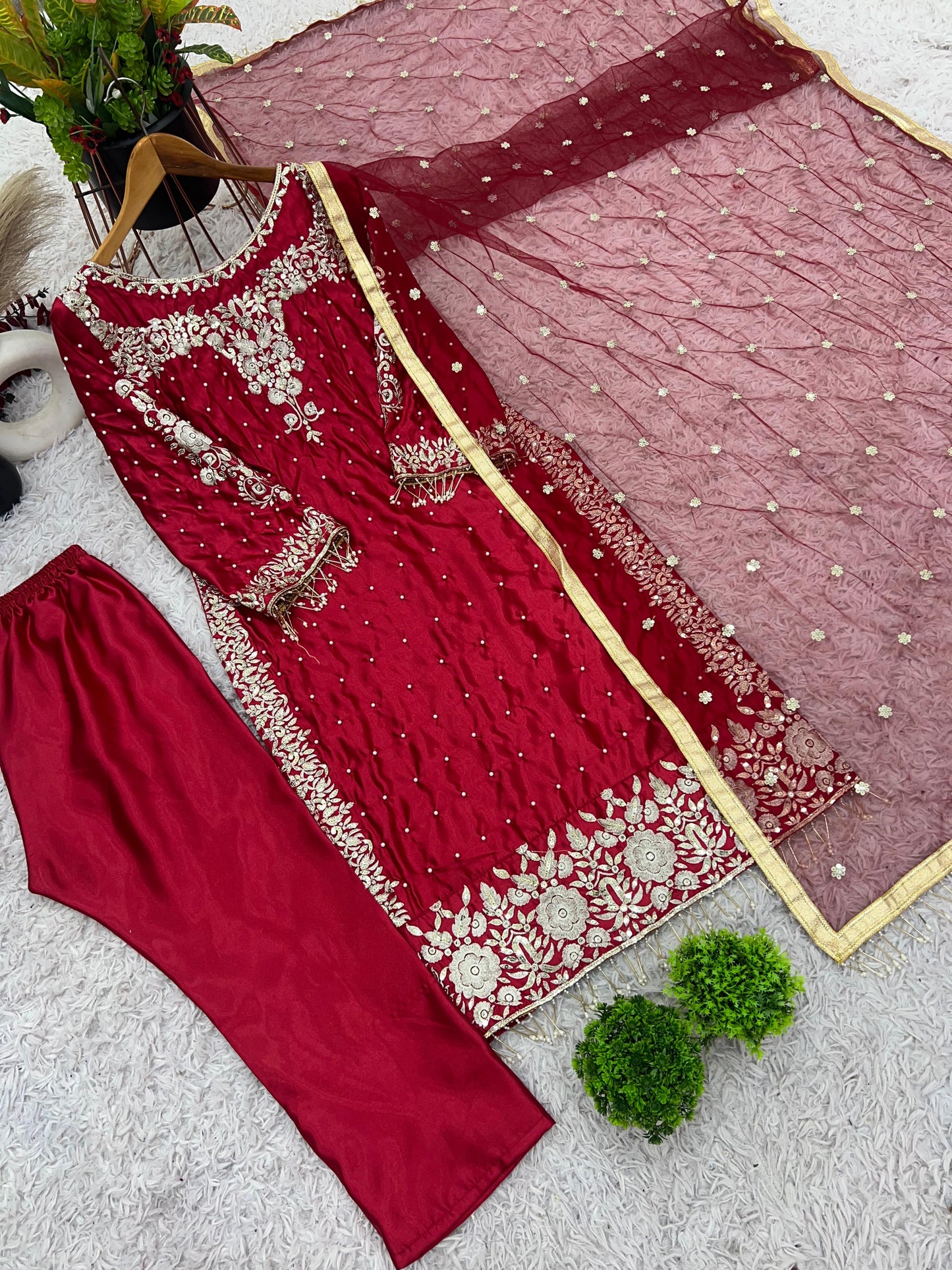 Beautiful Maroon Red Satin Silk Dress For Upcoming Festival