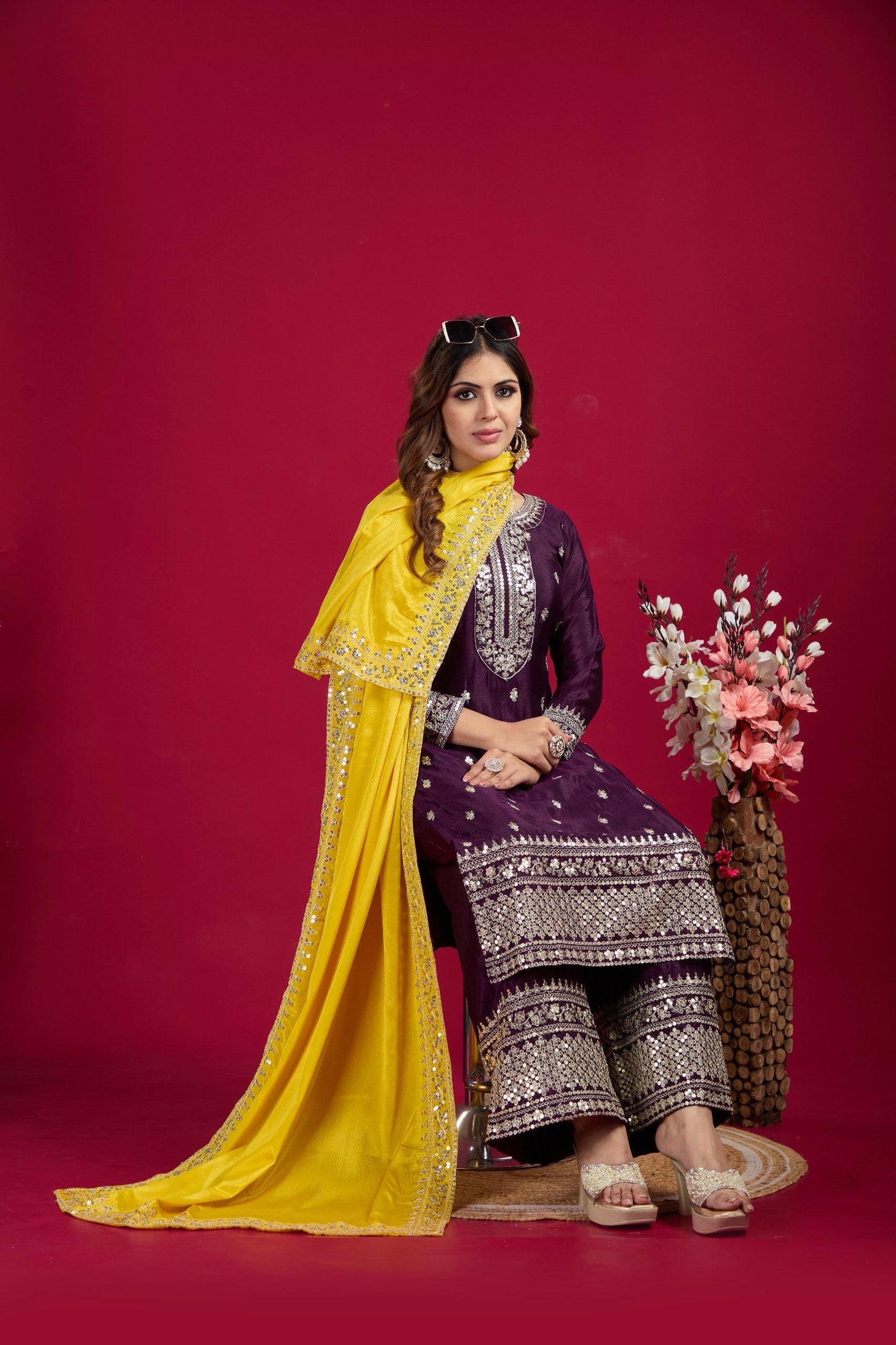 Maroon Color Beautiful Partywear Suit In chinon Fabric