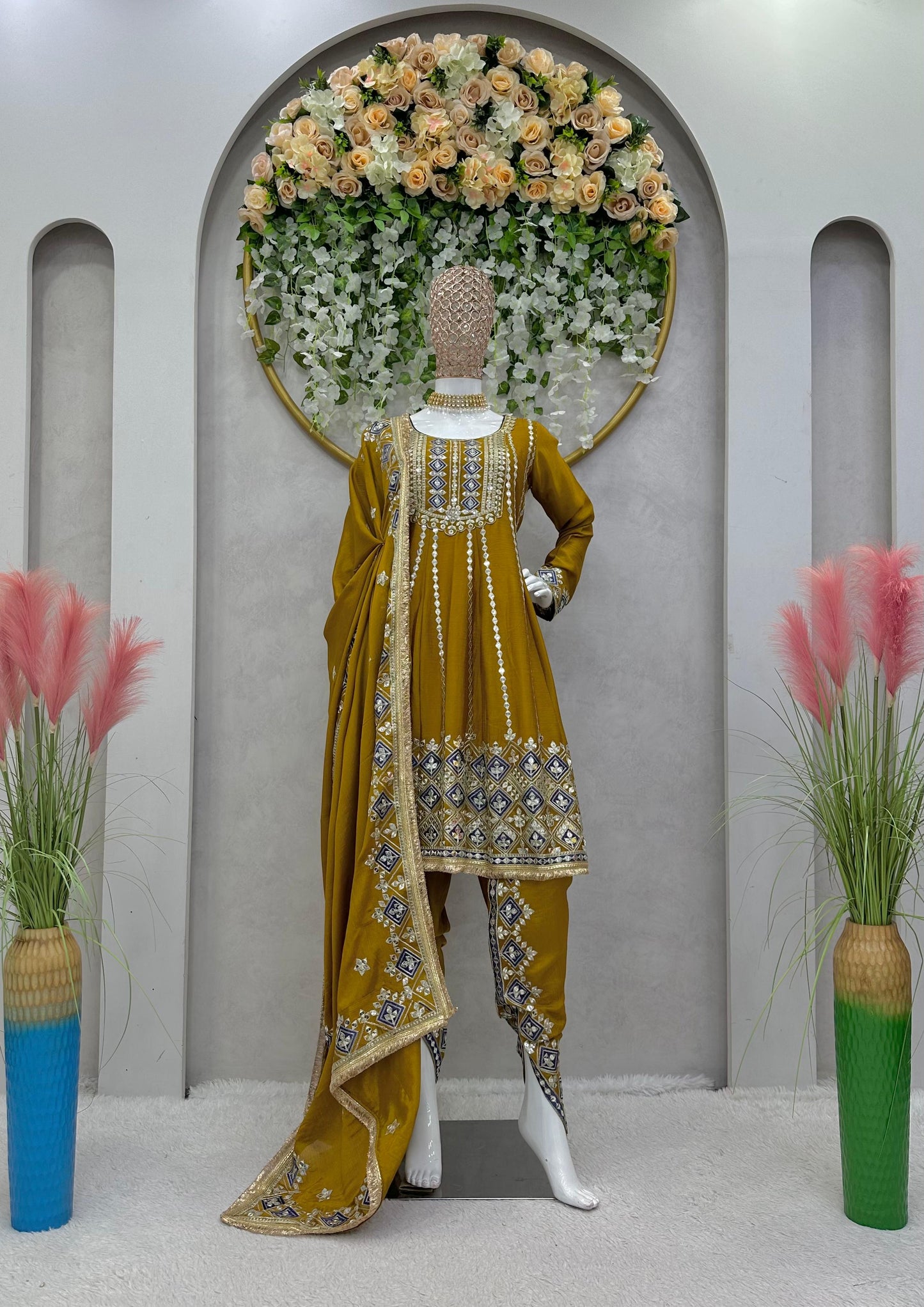 musturd color heavy partywear suit