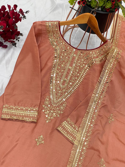 Chinnon With Heavy Embroidery Sequence Work Top-Bottom And Dupatta Set Fully Stitched Ready To Wear