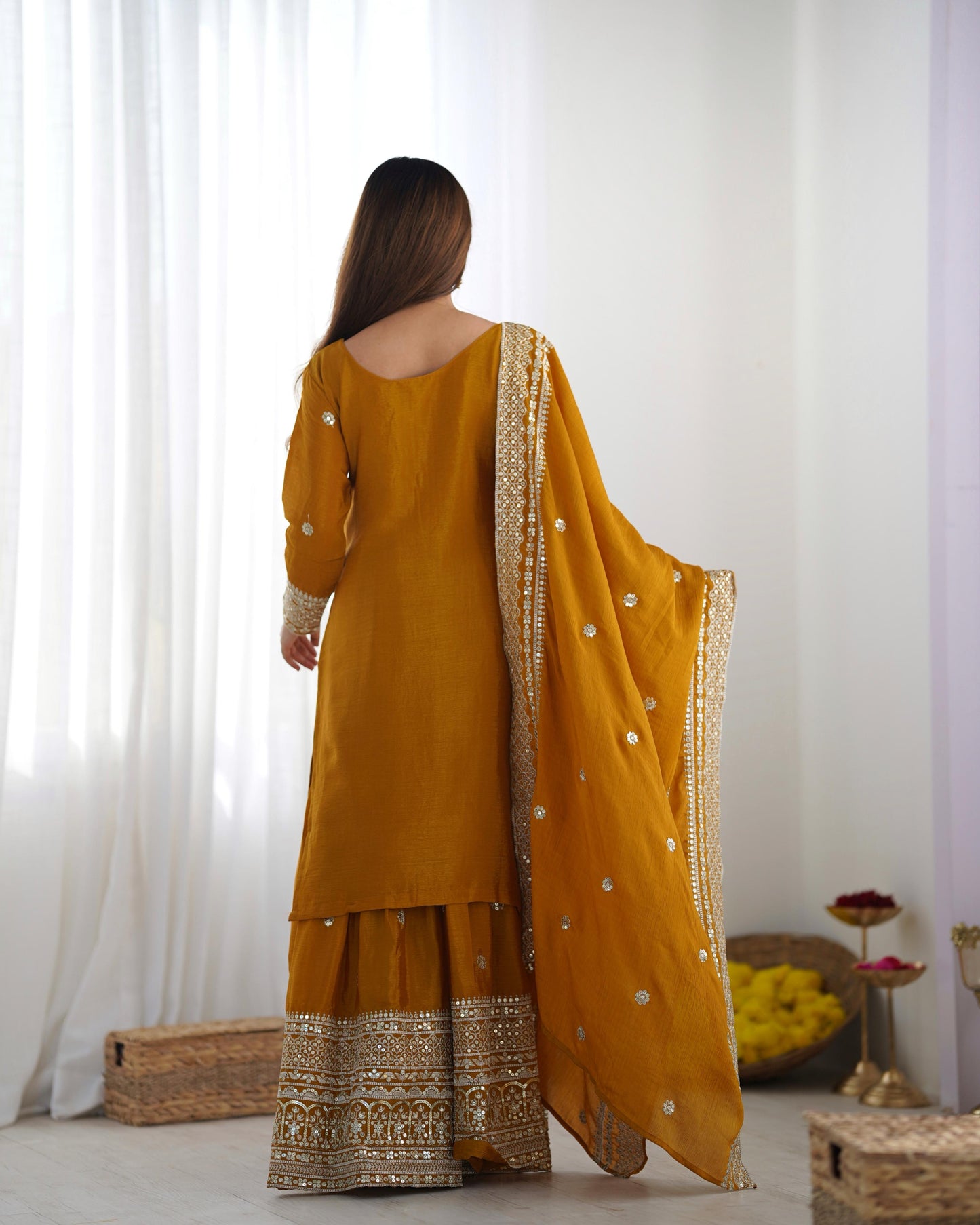 yellow Color Beautiful Chinon Silk Fabric Dress