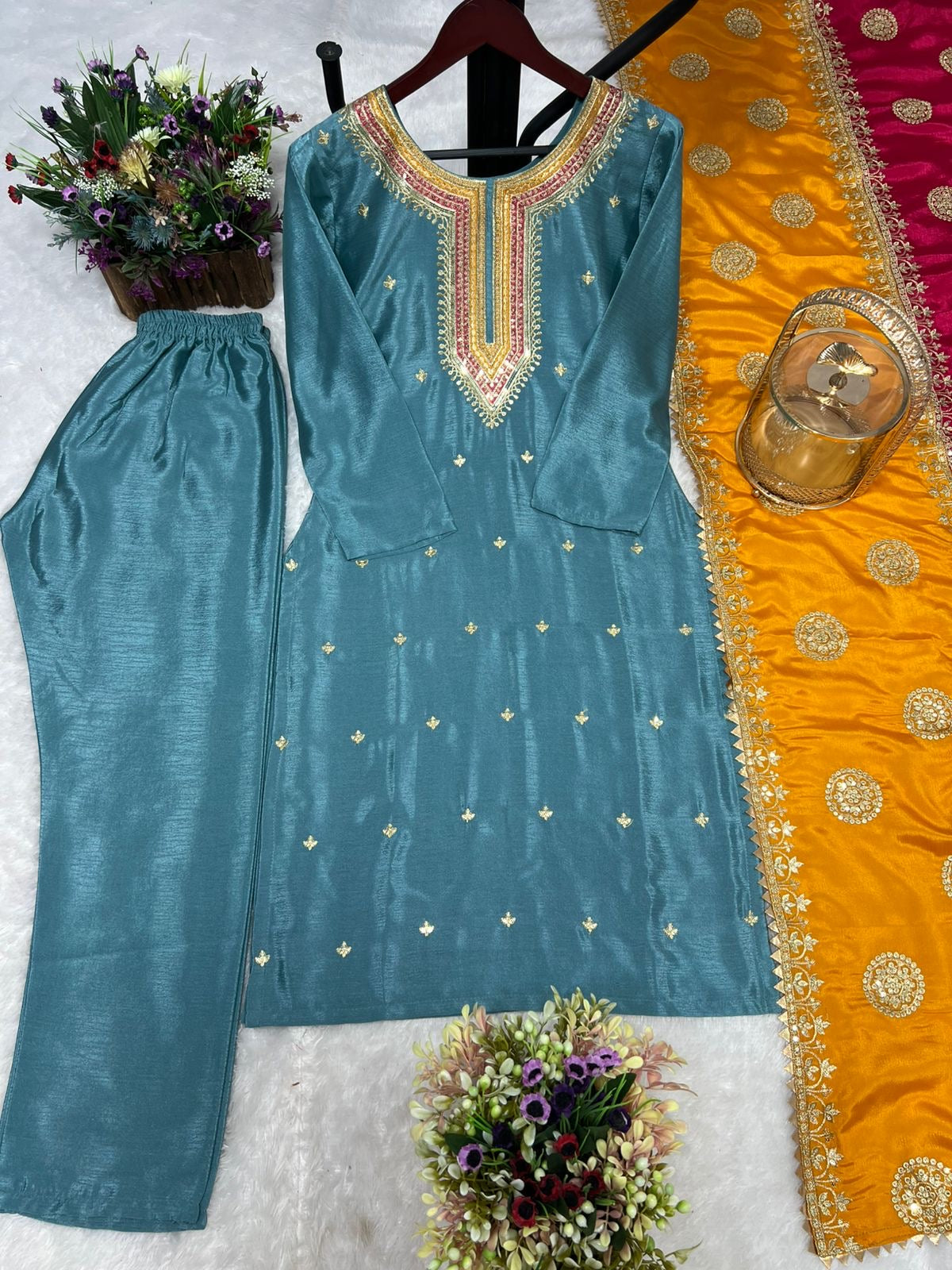 Blue Color Beautiful Partywear Suit In Chinon Fabric