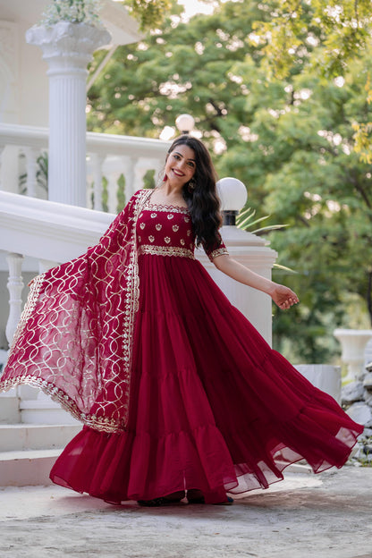 Maroon Red Color Beautiful Anarkali Dress In Georgette Fabric