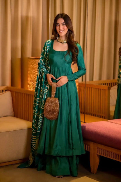 Green Color Beautiful Silk Suit Gown For Small Family function