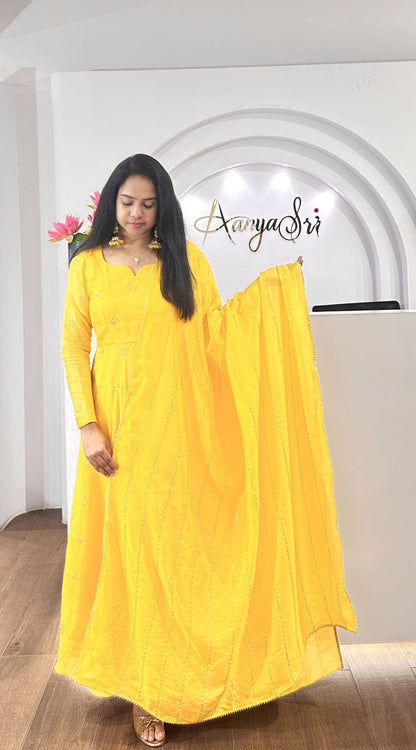 Beautiful Anarkali Gown in Chinon Fabric For Daily Wear Use in Yellow Color