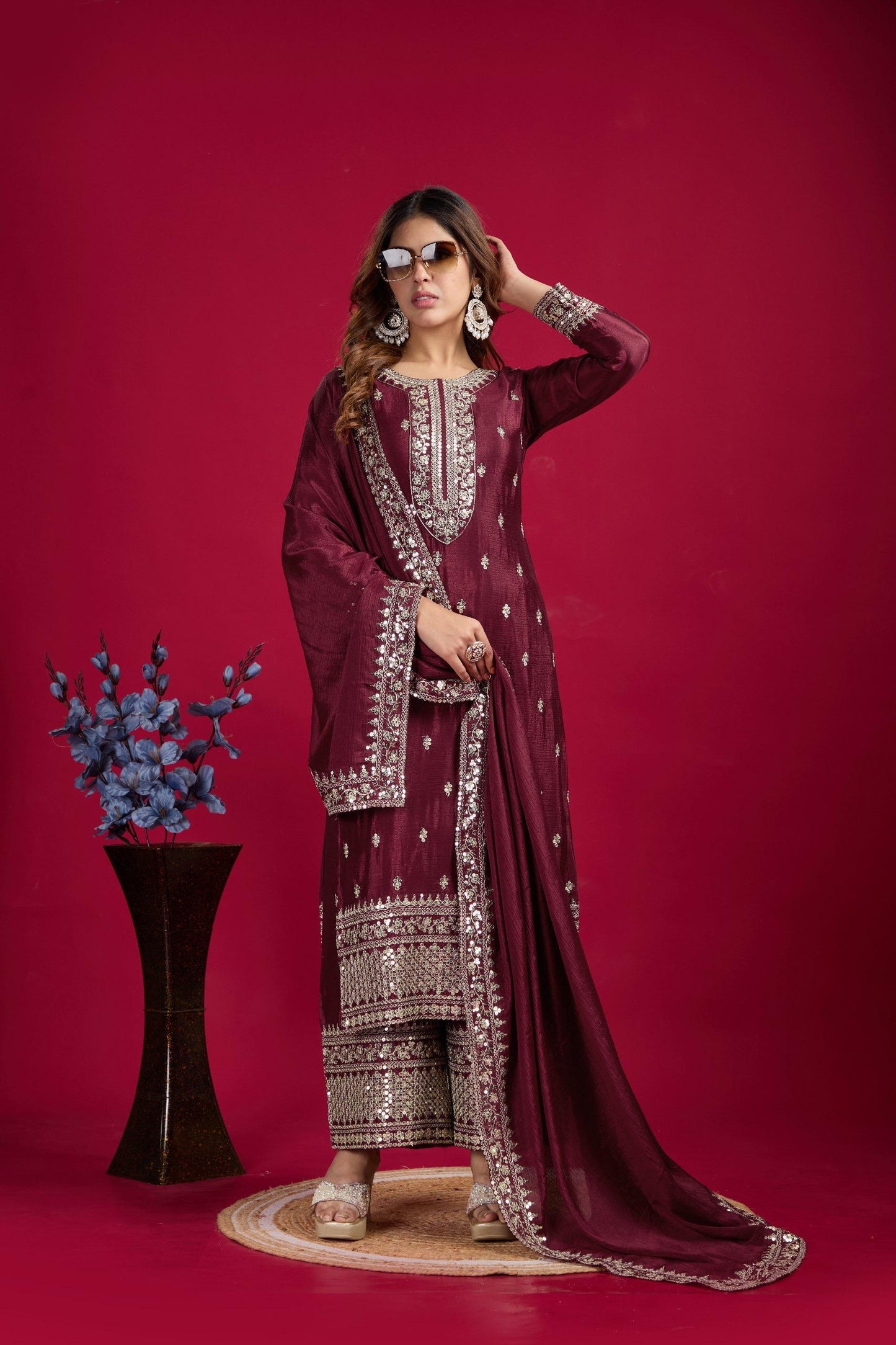 Chinnon And Heavy Embroidery Sequence Work Top-Bottom And Dupatta Set