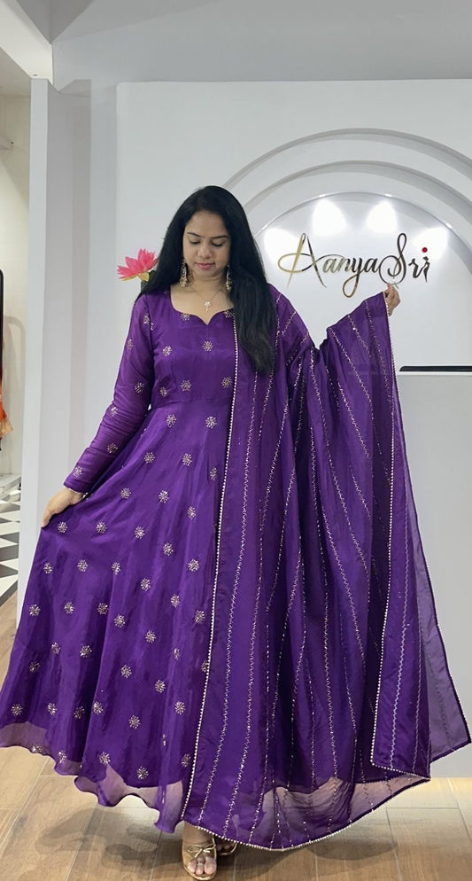 Beautiful Anarkali Gown in Chinon Fabric For Daily Wear Use in Purple Color