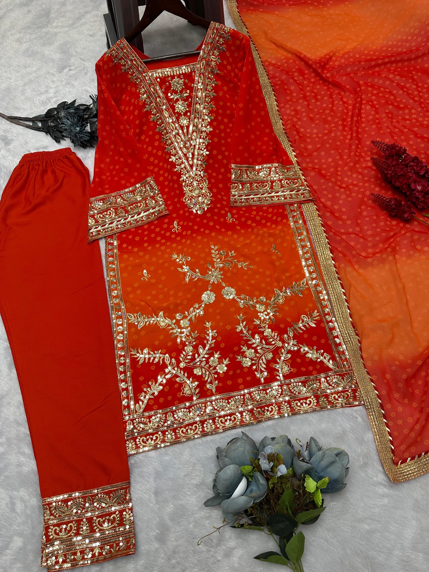 Beautiful Red Orange Color Georgette Fancy Suit