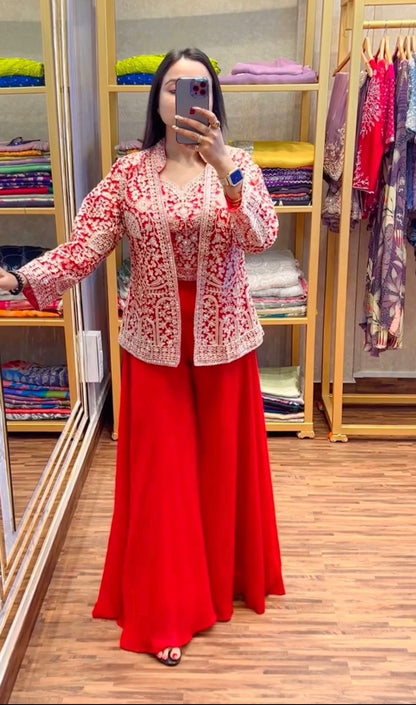 Red Color Beautiful Plazo Blouse Koti Dress in Georgette Fabric