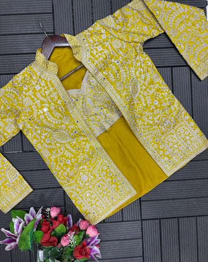 yellow Color Beautiful Plazo Blouse Koti Dress in Georgette Fabric