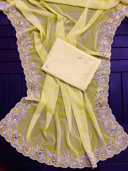 Yellow Color Beautiful Partywear Georgette Saree
